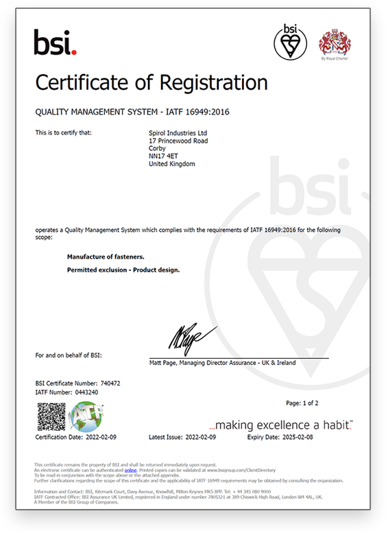 SPIROL UK Achieves IATF 16949 Certification